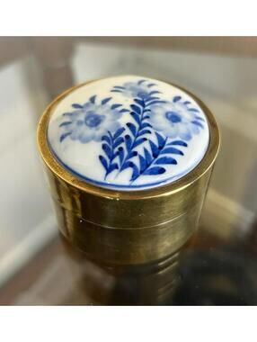 Vintage Brass Trinket Box Blue White Porcelain Thailand